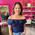 Navy Wide Ruffle Off Shoulder Top