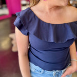 Navy Wide Ruffle Off Shoulder Top