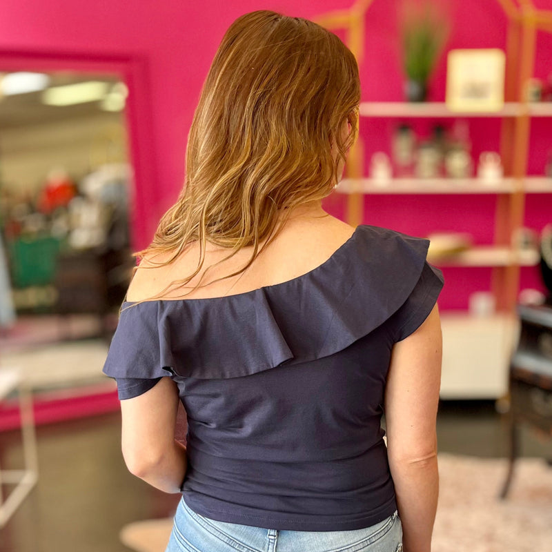 Navy Wide Ruffle Off Shoulder Top