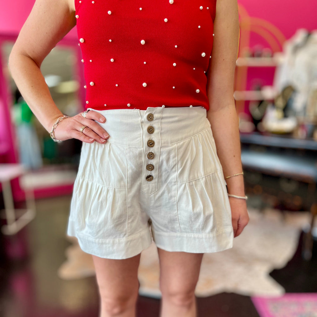 White Button Down Denim Shorts