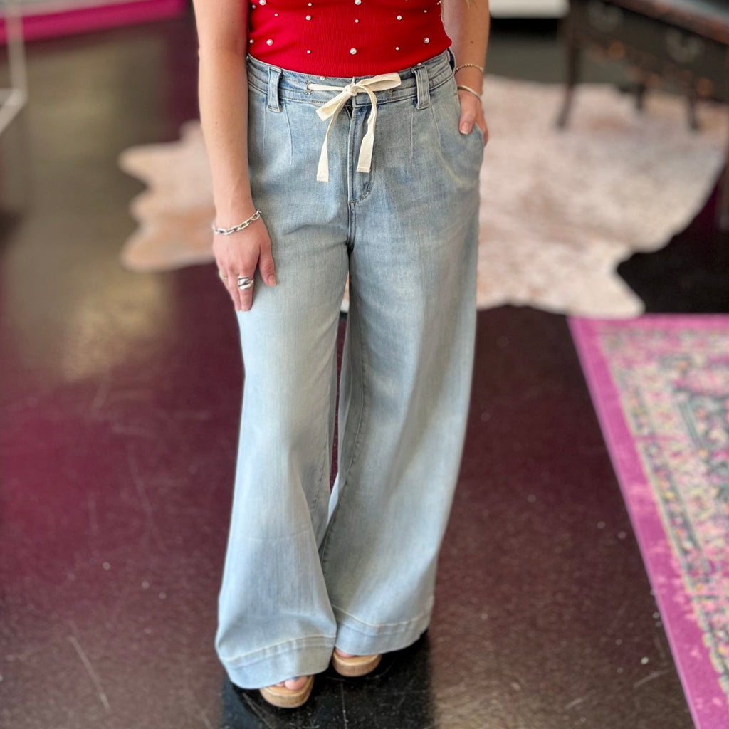 Denim Drawstring Wide Leg Jeans