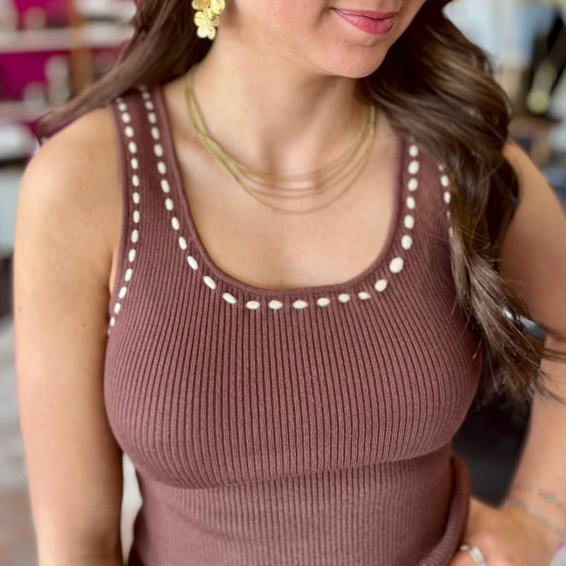 Brown Whipstich Ribbed Tank