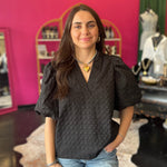 Black Textured Puff Sleeve Top