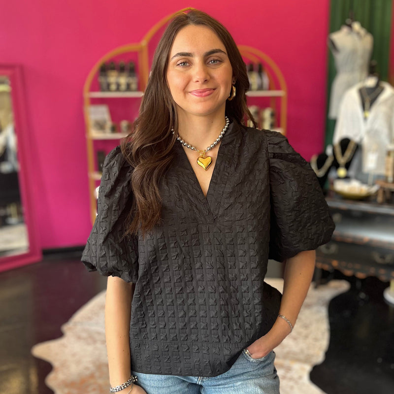 Black Textured Puff Sleeve Top