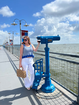 Blue Striped Knit Ruffle Top