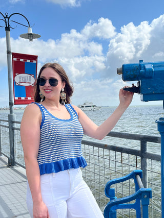 Blue Striped Knit Ruffle Top