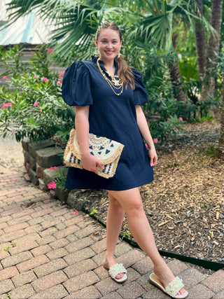 Textured Navy Puff Sleeve Dress