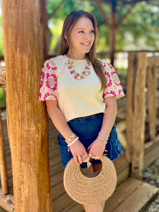 Pink, Beige, & Cream Crochet Sleeve Top