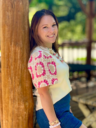 Pink, Beige, & Cream Crochet Sleeve Top