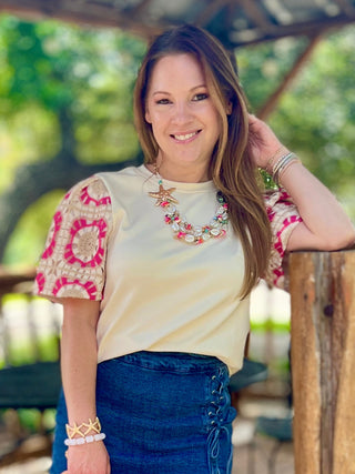Pink, Beige, & Cream Crochet Sleeve Top