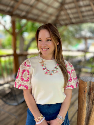 Pink, Beige, & Cream Crochet Sleeve Top