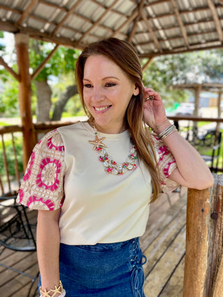 Pink, Beige, & Cream Crochet Sleeve Top