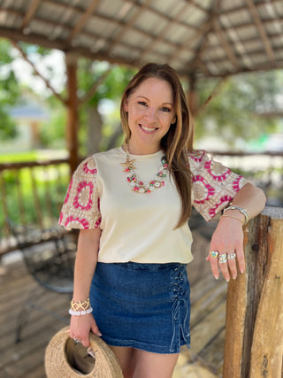 Pink, Beige, & Cream Crochet Sleeve Top