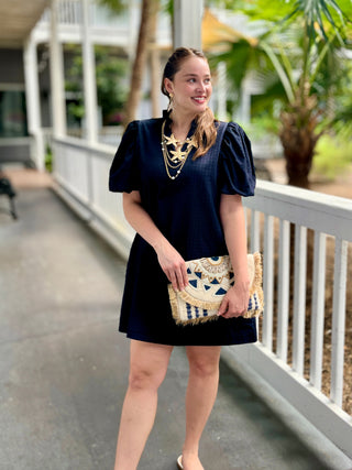 Textured Navy Puff Sleeve Dress
