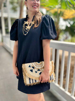 Textured Navy Puff Sleeve Dress