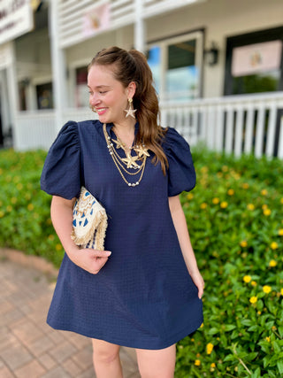 Textured Navy Puff Sleeve Dress