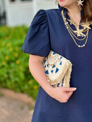Textured Navy Puff Sleeve Dress