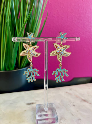 Turquoise Blue Starfish & Coral Enamel Earrings