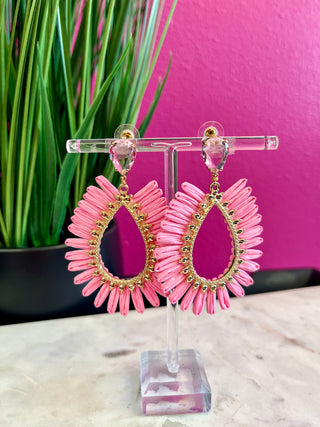 Pink Raffia Teardrop Earrings