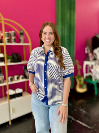Navy & Cream Striped Button Up Top
