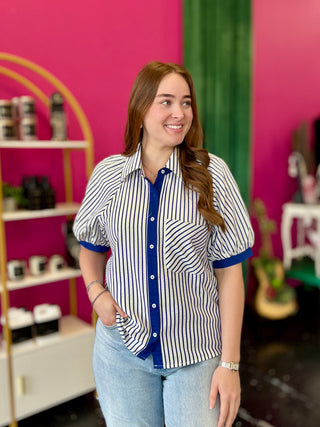 Navy & Ivory Striped Button Up Top