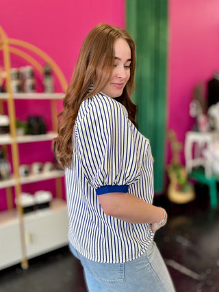 Navy & Ivory Striped Button Up Top