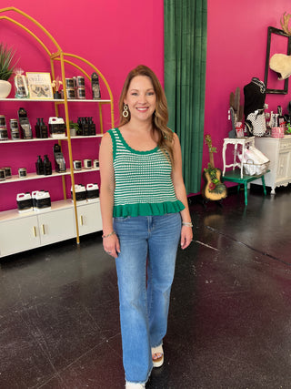 Green Striped Knit Ruffle Top