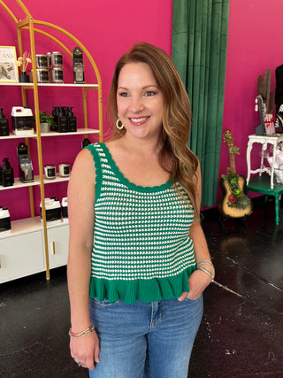 Green Striped Knit Ruffle Top