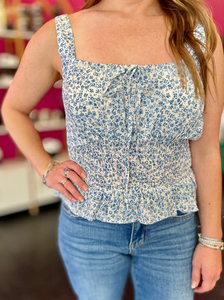 White & Blue Floral Peplum Top