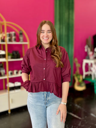 Maroon Button Up Ruffle Hem Top