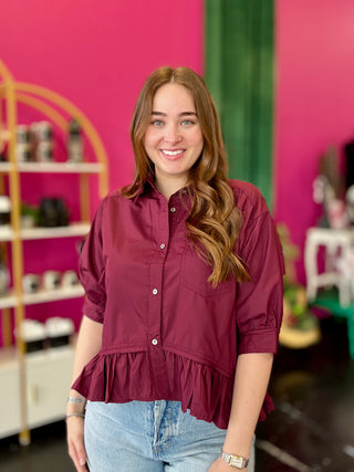 Maroon Button Up Ruffle Hem Top