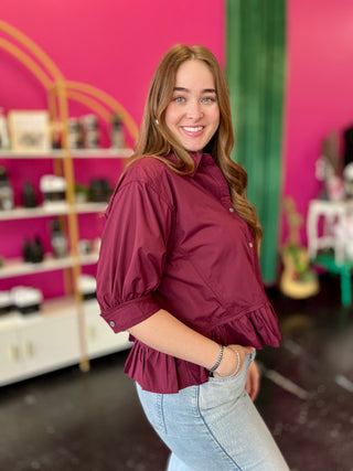 Maroon Button Up Ruffle Hem Top