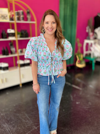 Blue & Pink Floral Tie Front Top