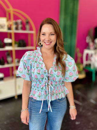 Blue & Pink Floral Tie Front Top