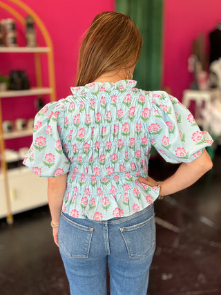 Blue & Pink Floral Tie Front Top