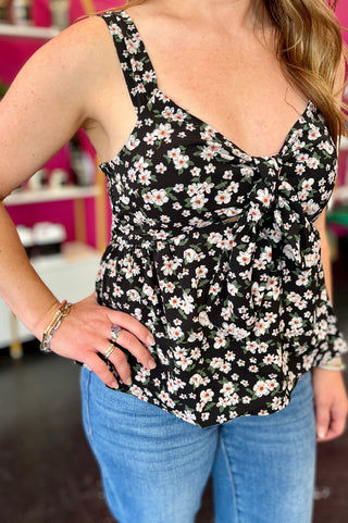 Black Floral Tie Front Top