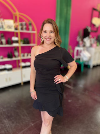 Black 1 Shoulder Ruffle Dress
