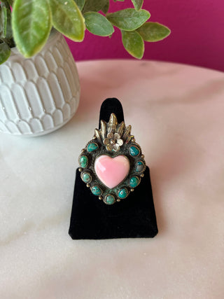 Turquoise & Pink Conch Flaming Heart Ring