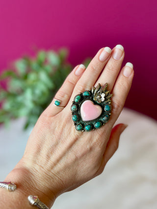 Turquoise & Pink Conch Flaming Heart Ring
