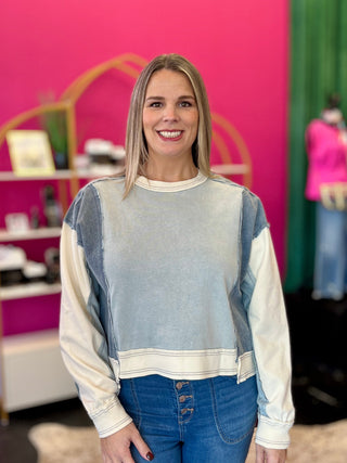 Denim & Sage Color Block Top