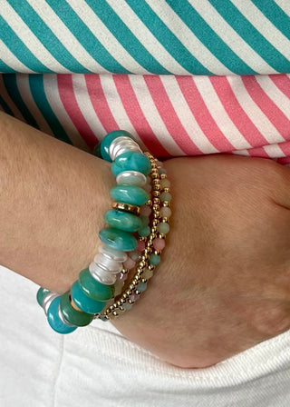 Green Tone & Pearl Disk Stretchy Bracelet