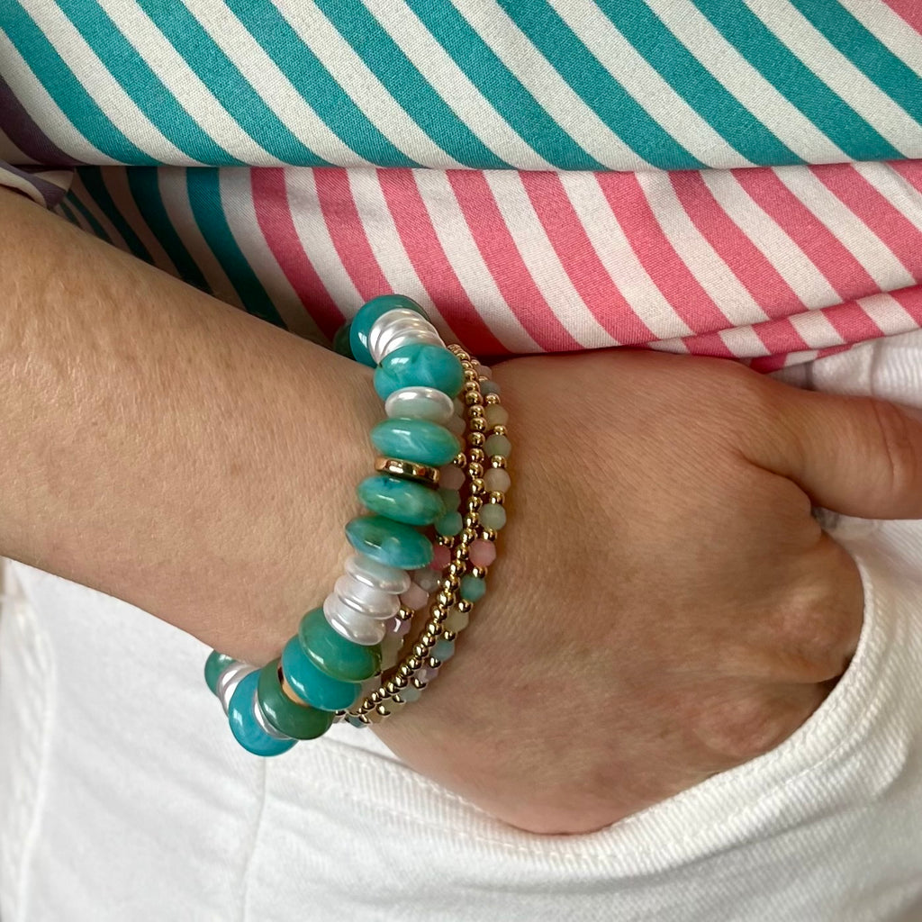 Green Tone & Pearl Disk Stretchy Bracelet