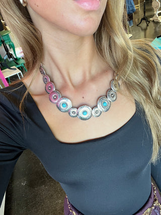 Silver Circle Concho & Turquoise Necklace