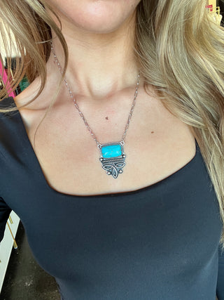 Faux Turquoise Rectangle BootStitch Necklace