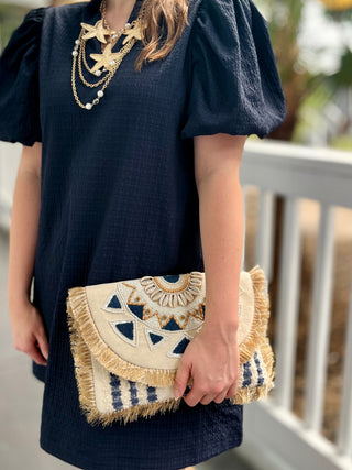 Straw & Navy Beaded Fringe Clutch