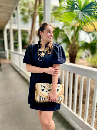 Straw & Navy Beaded Fringe Clutch