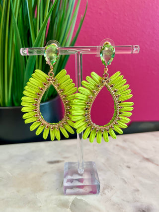 Lime Green Raffia Teardrop Earrings