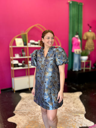Blue & Gold Metallic Floral Dress