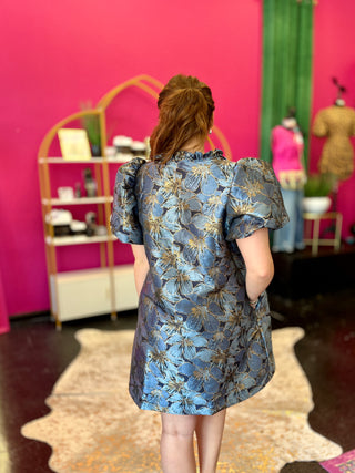 Blue & Gold Metallic Floral Dress