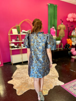Blue & Gold Metallic Floral Dress